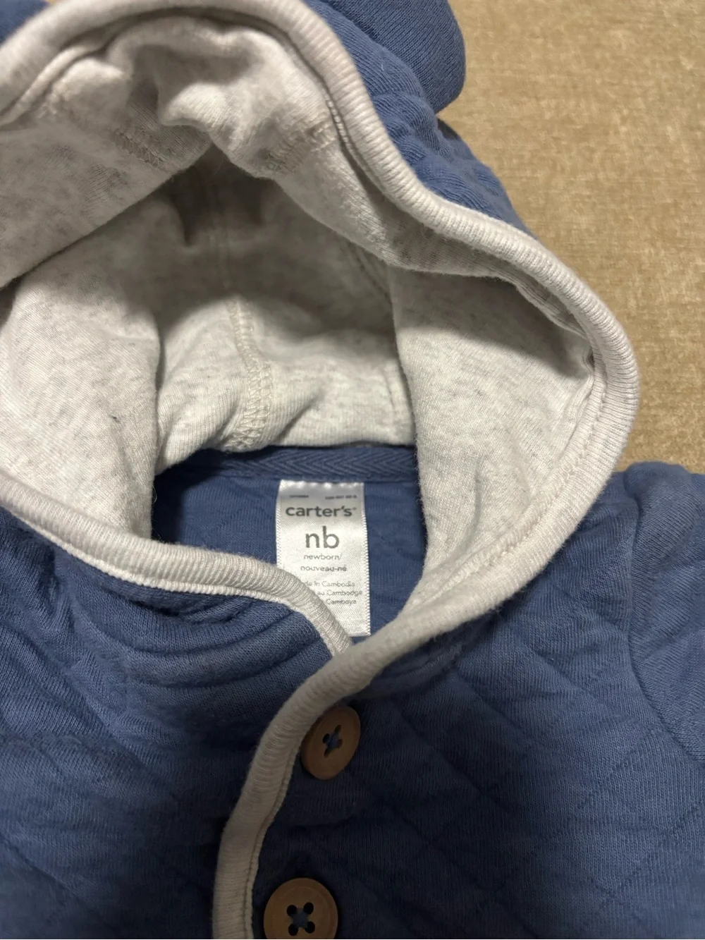 Quilted Navy Baby Hooded Jacket with Wooden Buttons